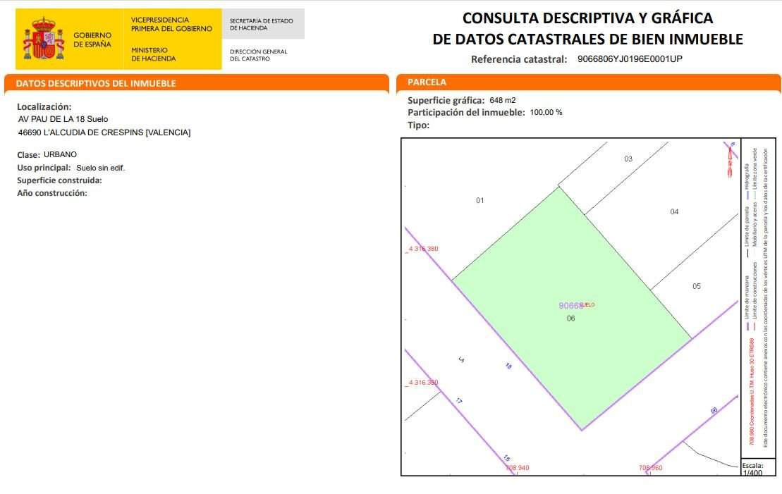 Solar en venta en Avenida Pau De La Alcdia De Crespins L Valencia